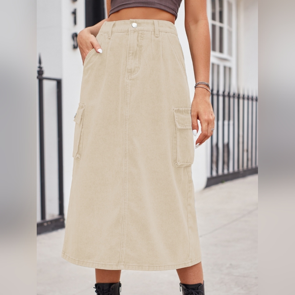 High-Rise Retro Cargo Side Pocket Elastic Waist Denim Khaki Jean Slit Front Midi